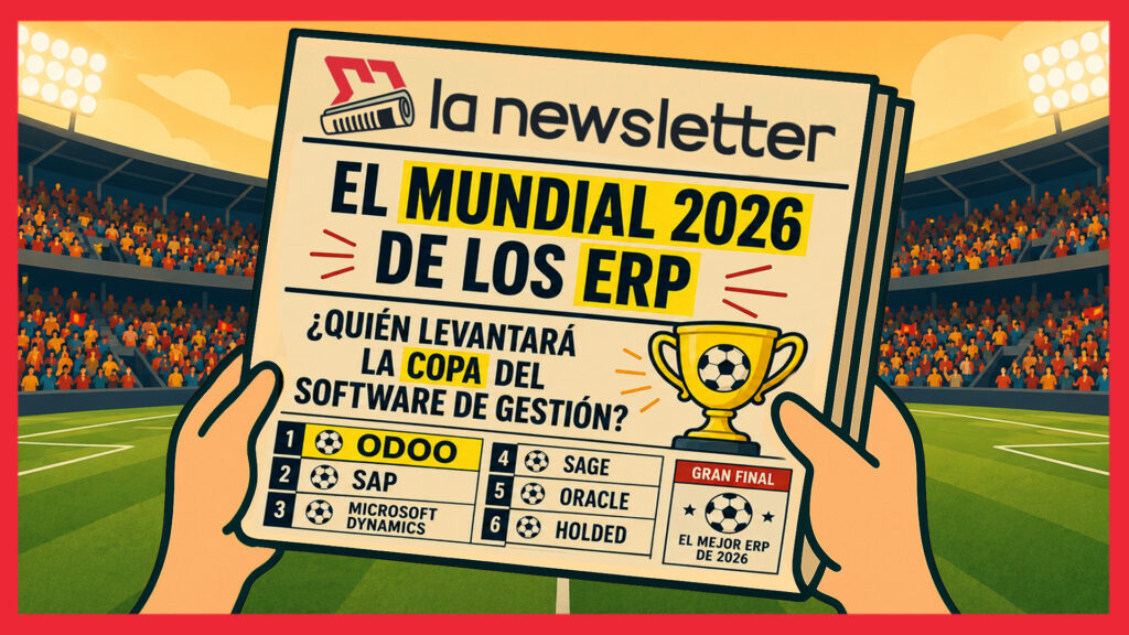 Ilustración estilo estadio de fútbol del Mundial 2026 de los ERP, comparando Odoo, SAP, Microsoft Dynamics, Sage, Oracle y Holded como candidatos al mejor software de gestión empresarial.